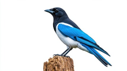 Obraz premium Captivating Blue Magpie Perched on Wooden Branch in Serene Natural Setting
