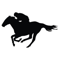 Black silhouette of horse and jockey in full gallop. Horse race