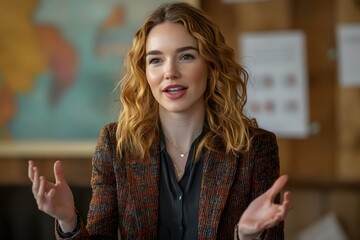 Confident Woman Speaks:  A captivating portrait of a young woman with auburn, wavy hair, passionately conveying her message with expressive hand gestures.