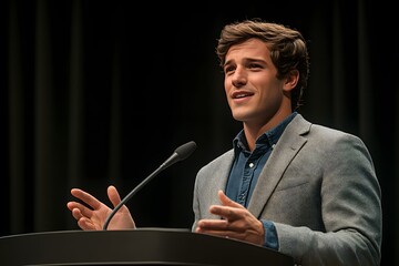 Confident Speaker at Podium: Young man passionately delivers a speech at a conference or event.  His engaging posture and enthusiastic expression capture the audience's attention. 