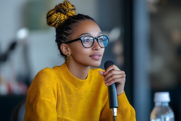 Confident Speaker at Podium:  A young Black woman with braided hair and glasses confidently holds a microphone, radiating intelligence and poise.  She's dressed in a mustard yellow sweater.