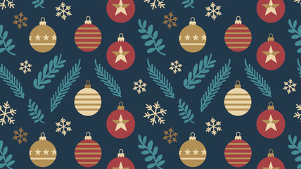 Seamless festive holiday background pattern with colorful Christmas ornaments