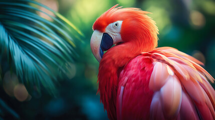 Fototapeta premium Parrot flaunts its brilliant red plumage, surrounded by the rich greens of a tropical paradise, exuding captivating colors and life.