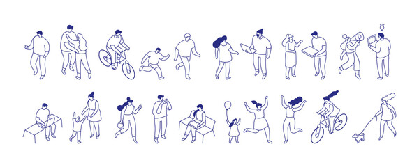 Isometric black  line art people silhouette set isolated on white