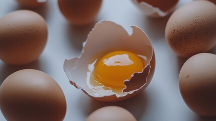 Cracked egg with yolk spilling out surrounded by empty eggshells, symbolizing food safety recall on clean white surface.