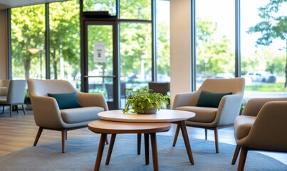 Obraz premium Modern waiting area with armchairs, tables, and plants near large windows.