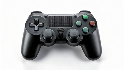 A sleek black video game controller with colorful buttons on a white background.
