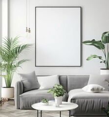 Modern living room interior with a grey sofa. a coffee table. plants. and a blank frame on the wall