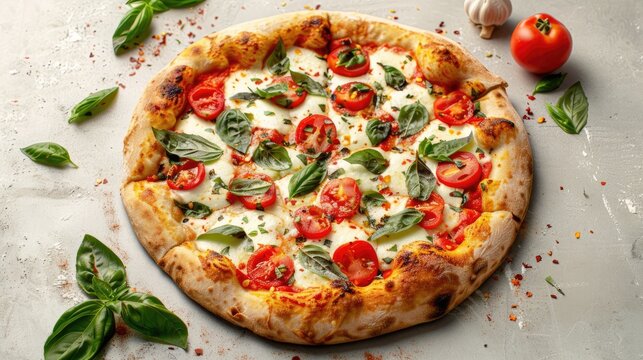 Tasty Caprese pizza with tomatoes, mozzarella, and basil on a light gray surface - Powered by Adobe