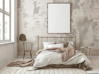 Minimalist bedroom interior with a white bed. a chair. a side table. and a large picture frame