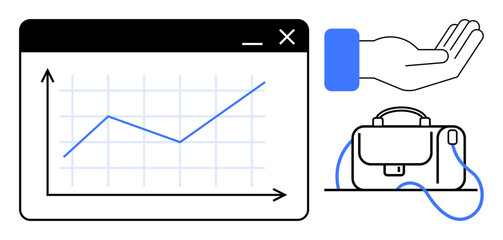 Line graph with upward trend, hand offering, and briefcase suggest career growth and professional success. Ideal for business strategy, finance, career development, investment, leadership