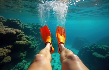 Person swimming underwater with orange flippers. Legs, flippers visible. Underwater view of coral reef, clear blue water. Tropical location. Summer vacation activity. Enjoyment, relaxation. Active,