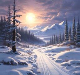 Illustration of winter landscape with road in wild.