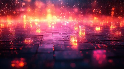 Layered crystalline grids with glowing vibrant outlines and metallic reflections