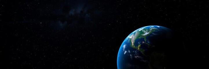 Fototapeta premium A stunning view of planet Earth at night from space, showcasing the illuminated cities of North America, lights, aerial, space