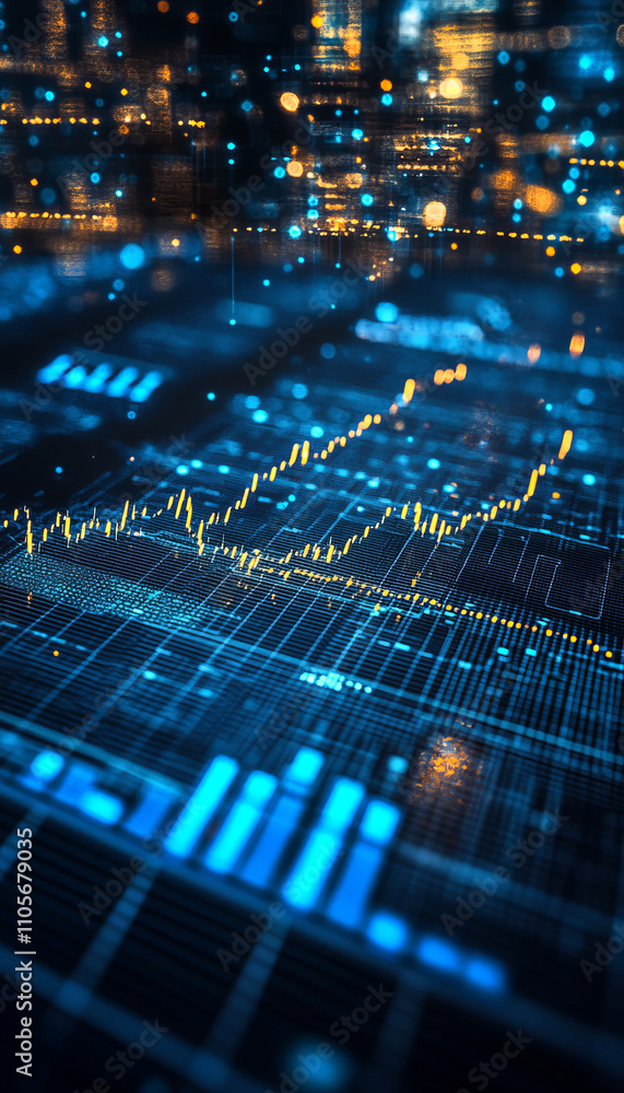 Poster digital financial graphs with glowing data points and blue tones