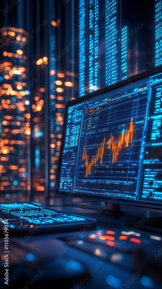 Poster virtual workspace with glowing financial graphs and data analysis