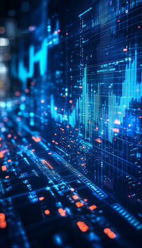 Digital financial graphs with blue tones and data visualization