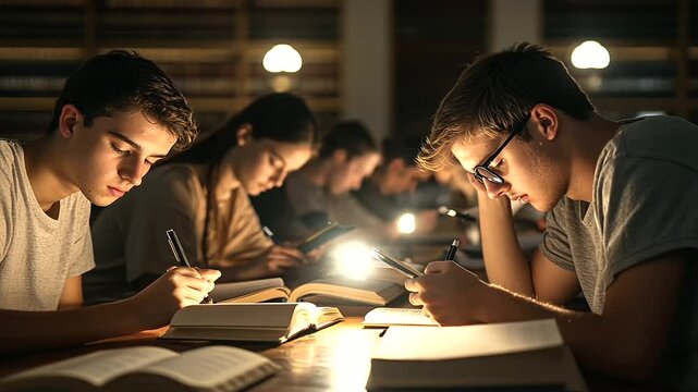 Students Studying in Library During Blackout with Flashlights