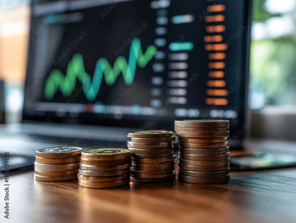 Poster organized coin stacks on desk with financial graphs in background