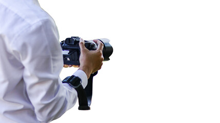 Fototapeta premium A detailed close-up of hands gently cradling a sleek black camera, symbolizing creativity and the art of capturing moments, set against a minimalist white background