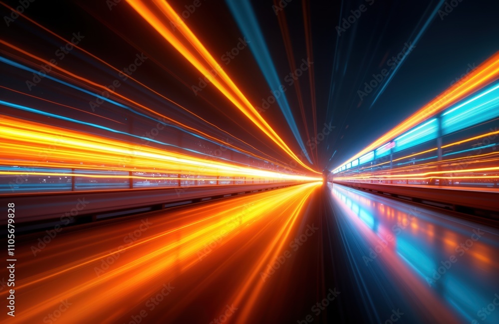 Poster Abstract motion blurred view of road at night. Vivid colors glow with streaks of vibrant orange, blue lights. Fast speed, movement convey sense of acceleration. Futuristic tech theme with dynamic