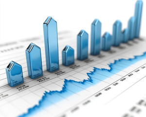 Financial growth represented by blue bar graphs and line charts