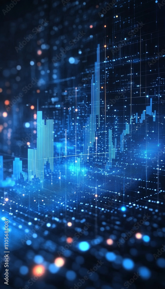Poster digital financial data visualization with blue tones and graphs