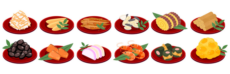 アイソメトリックで描いたおせちのイラストセット（ベクター）