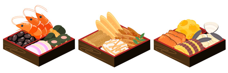アイソメトリックで描いたおせちのイラストセット（ベクター）