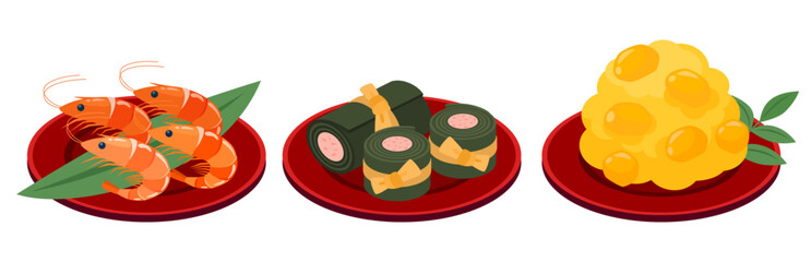 アイソメトリックで描いたおせちのイラストセット（ベクター）