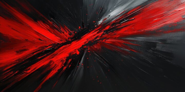 Bold red streaks intertwine with dark tones, creating a striking contrast in this abstract artwork. The blend of colors evokes powerful emotions and movement.