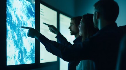 Team collaborating in front of glowing digital displays analyzing data.