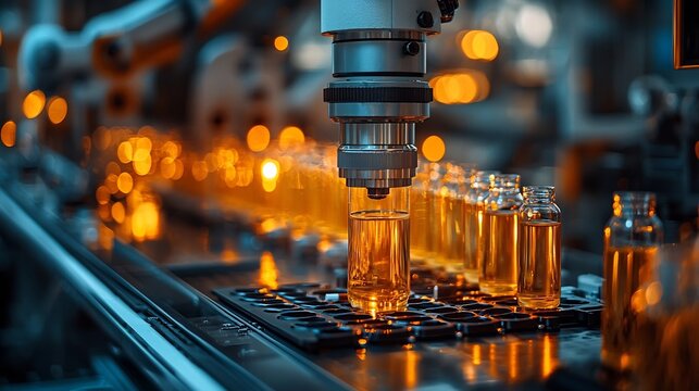 Robotic Pharmaceutical Lab with Glowing Data Screens Tracking Medicine Synthesis