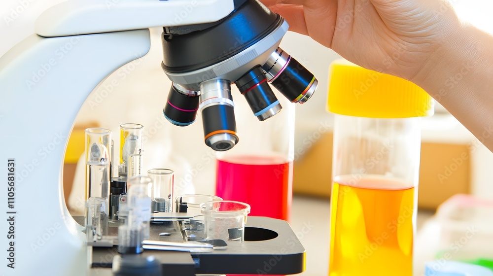 Poster close-up of a microscope with colorful test tubes in a laboratory setting.