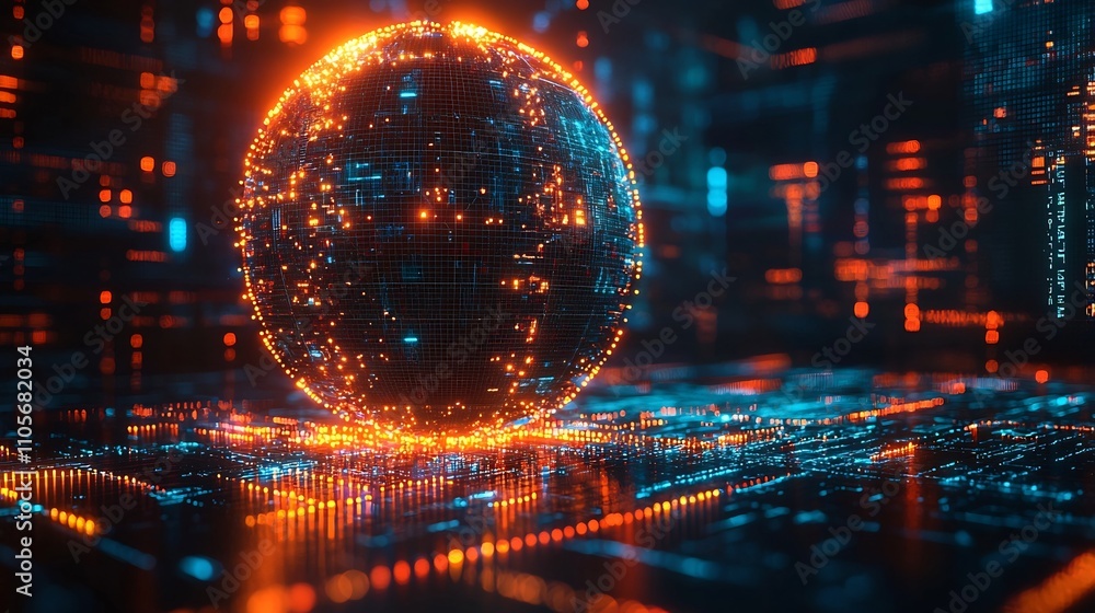 Poster illuminated global business networking visualized in stylized futuristic sphere