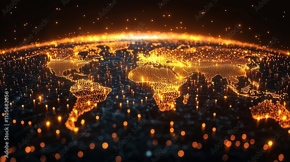 Poster stylized global business networking hub of interconnected glowing nodes and lines