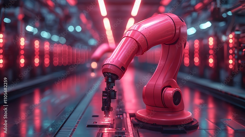 Aufkleber futuristic factory with robotic arms assembling products on high tech production line glowing with v