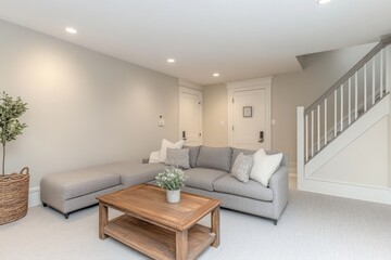 Modern Basement Living Room With Gray Sectional Sofa