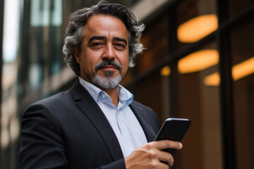 A confident businessman with gray hair stands outside a modern glass building, holding a smartphone, portraying success and connectivity in a corporate setting.