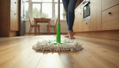 Woman Cleaning Wooden Floor with Mop in Modern Kitchen