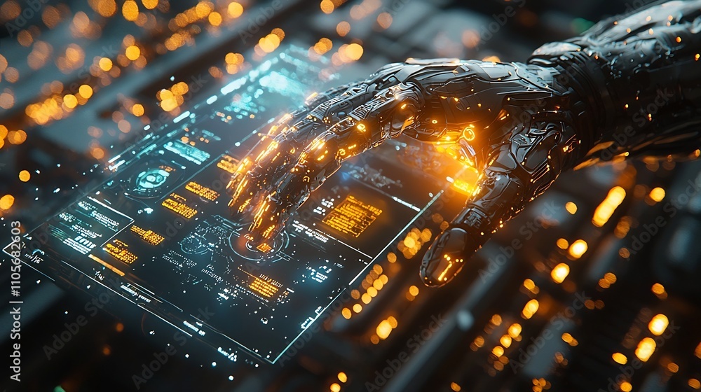 Poster robotic arm controlling futuristic holographic interface in smart factory production