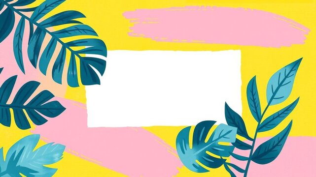 Abstract geometric brush strokes collage with tropical leaves and squared paper in pink, blue, and yellow colors for customizable social media design template set, collage, yellow, template - Powered by Adobe