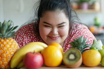 Obraz premium Plus-size girl trying different fruits on a wooden board