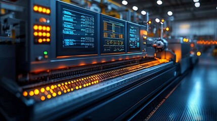 High Tech Industrial Control Room with Glowing Holographic Displays Monitoring Fully Automated Factory