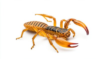 Dramatic Close up of Fierce Orange Scorpion with Venomous Claws and Tail Raised on White Background