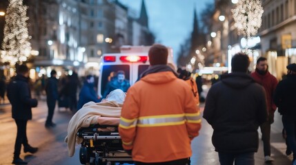 Paramedics transport patient on stretcher in busy city street at night.