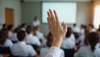 Student Raising Hand During Classroom Lecture or Seminar