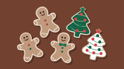 Gingerbread cookies shaped like men and Christmas trees, decorated with icing and candy, festive holiday treat on a brown background
