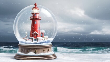 Snowy Lighthouse Snow Globe, Christmas lantern on the beach